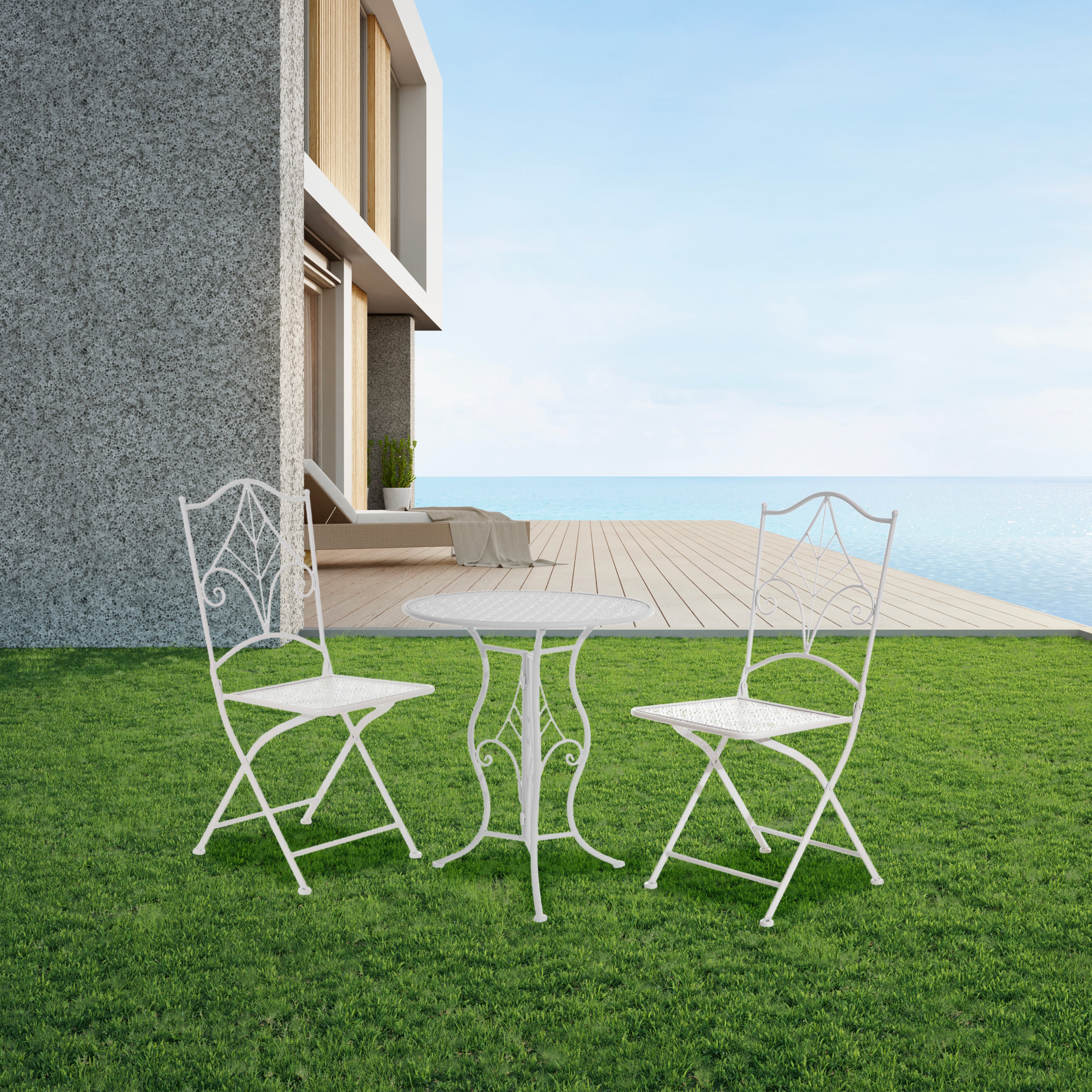 VESTIAMO CASA GIARDINO - Set giardino Bistrot tavolo rotondo 60 cm e 2 sedie pieghevoli in metallo Bianco Stile Liberty